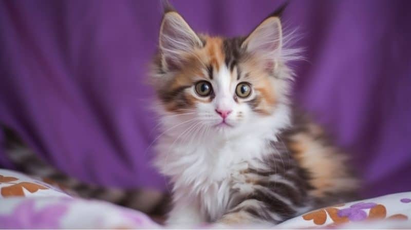 tortie maine coon kitten purple background