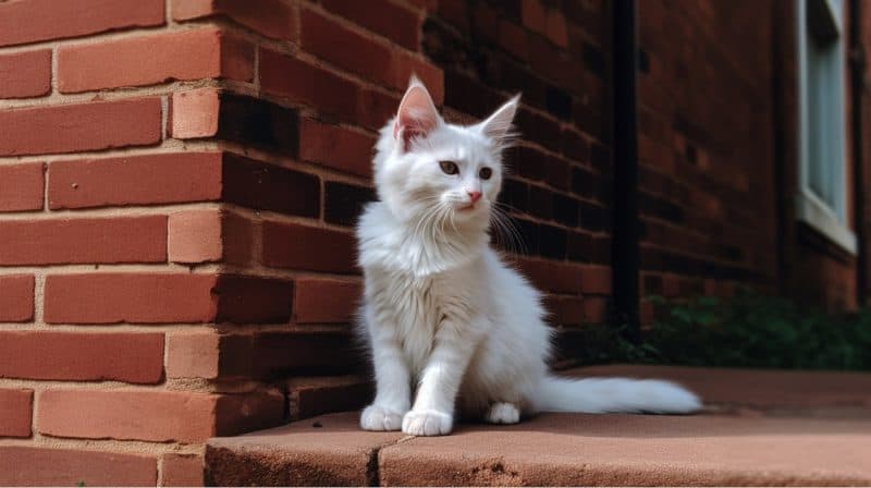 white maine coon kitten in front of red brick building