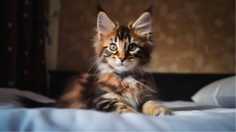 tortie maine coon kitten sitting on a bed
