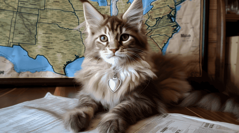 grey maine coon kitten sitting on a desk in front of a wall map